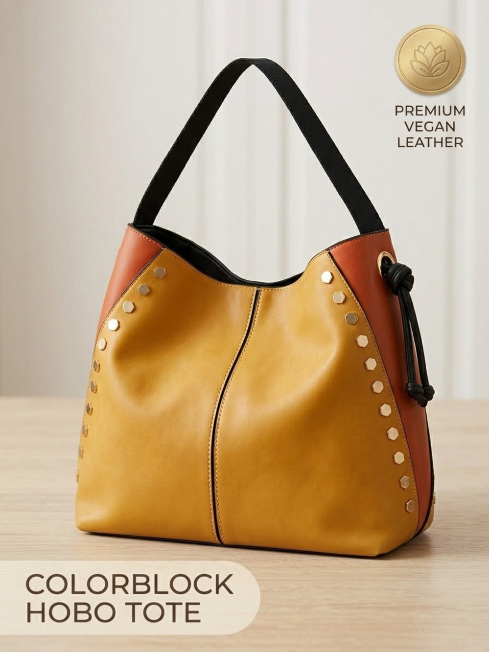 Mellow World Colorblock Hobo Tote Bag in Mustard and Burnt Orange